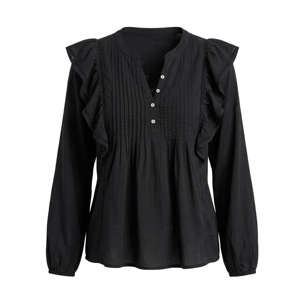 Gap Black Ruffle V-Neck Lightweight Button Blouse Women Size M